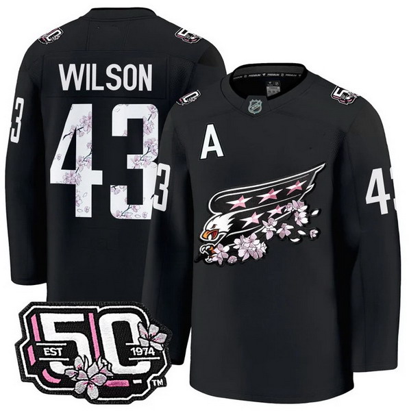 Personalized Men’s Washington Capitals #43 Tom Wilson 50th Anniversary Cherry Blossom Premium Black Jersey – All Stitched