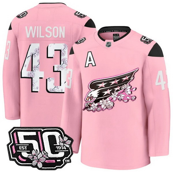 Personalized Men’s Washington Capitals #43 Tom Wilson 50th Anniversary Cherry Blossom Premium Pink Jersey – All Stitched