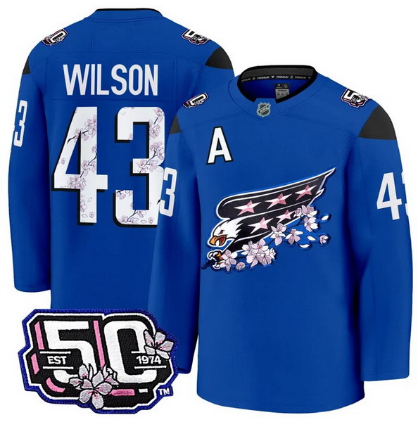 Personalized Men’s Washington Capitals #43 Tom Wilson 50th Anniversary Cherry Blossom Premium Royal Jersey – All Stitched