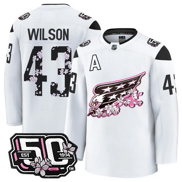 Personalized Men’s Washington Capitals #43 Tom Wilson 50th Anniversary Cherry Blossom Premium White Jersey – All Stitched