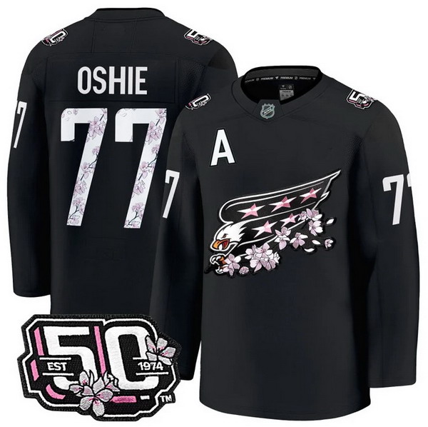 Personalized Men’s Washington Capitals #77 T.J. Oshie 50th Anniversary Cherry Blossom Premium Black Jersey – All Stitched