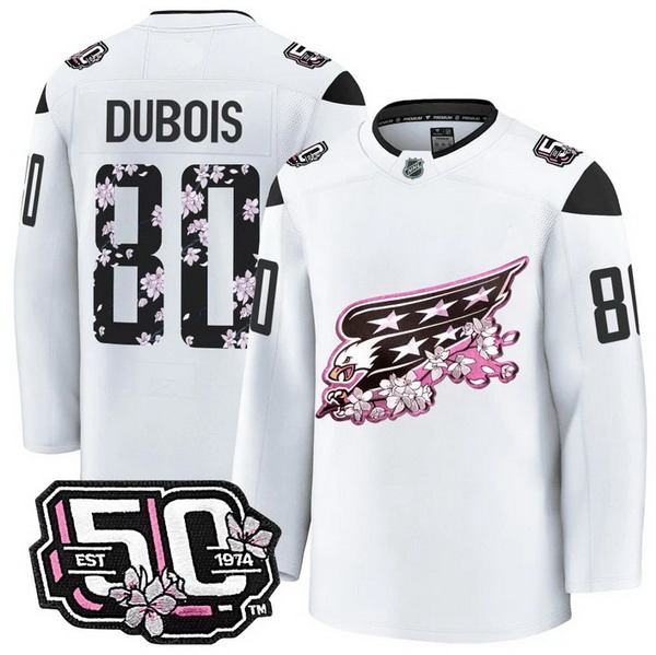 Personalized Men’s Washington Capitals #80 Pierre-Luc Dubois 50th Anniversary Cherry Blossom Premium White Jersey – All Stitched