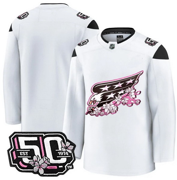 Personalized Men’s Washington Capitals Team 50th Anniversary Cherry Blossom Premium White Jersey – All Stitched