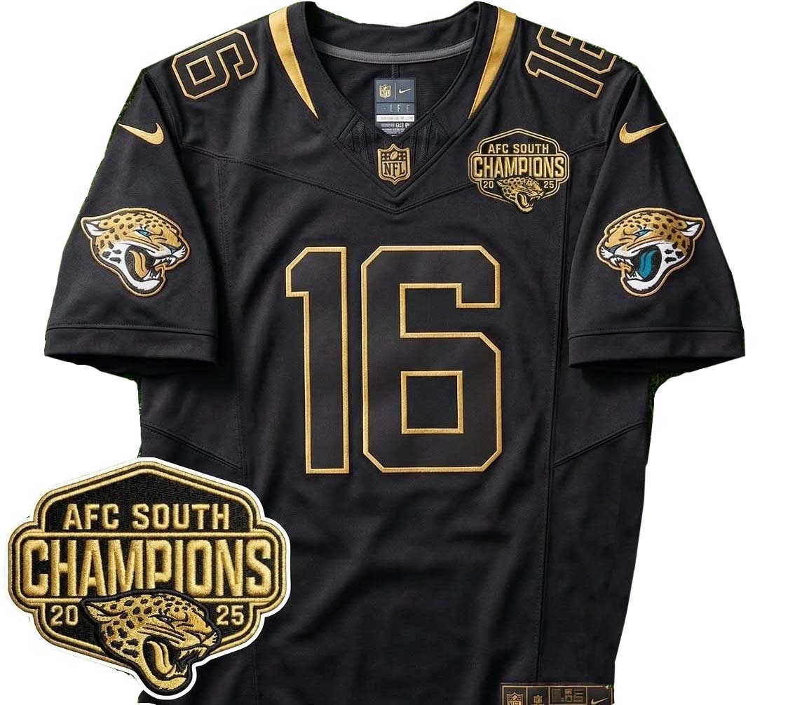 Personalized Men’s #16 Trevor Lawrence Black Jacksonville Jaguars AFC South Champions 2025 patch Gold Limited Jersey