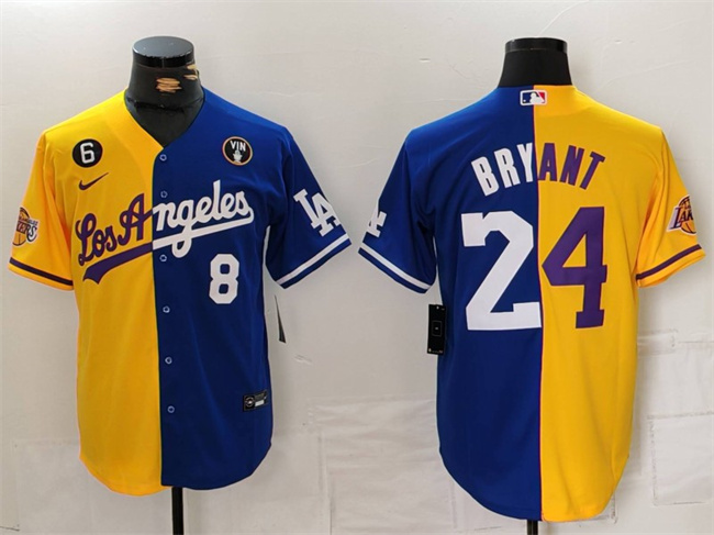 Personalized Men’s Los Angeles Lakers & Dodgers Front #8 Back #24 Kobe Bryant Gold Blue Split With Patch Stitched Jersey