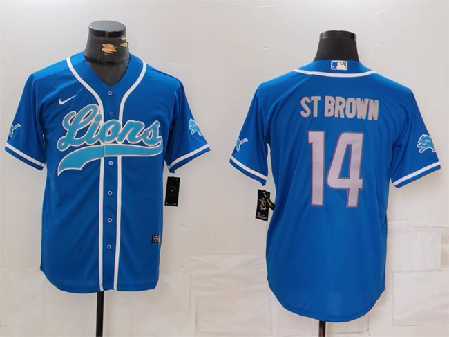 Personalized Men’s Detroit Lions #14 Amon-Ra St. Brown Blue Cool Base Stitched Baseball Jersey