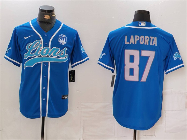 Personalized Men’s Detroit Lions #87 Sam LaPorta Blue With 90th Anniversary Patch Cool Base Stitched Baseball Jersey