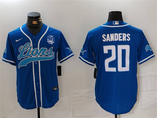 Personalized Men’s Detroit Lions #20 Barry Sanders Blue With 90th Anniversary Patch Cool Base Stitched Baseball Jersey