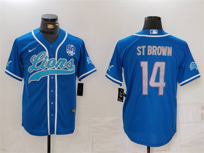 Personalized Men’s Detroit Lions #14 Amon-Ra St. Brown Blue With 90th Anniversary Patch Cool Base Stitched Baseball Jersey