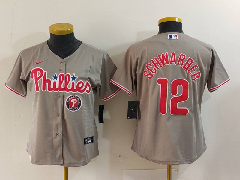 Personalized Women’s Philadelphia Phillies #12 Kyle Schwarber Grey Cool Base Stitched Baseball Jersey(Run Small)