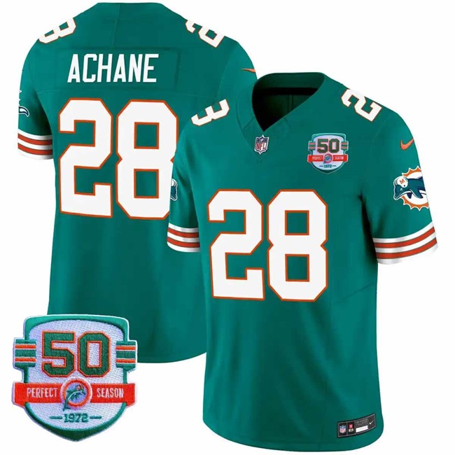 Personalized Men’s Miami Dolphins #28 De’Von Achane Aqua F.U.S.E With 50th Perfect Season Patch Limited Stitched Football Jersey