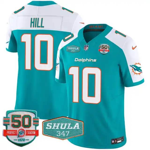 Personalized Men’s Miami Dolphins #10 Tyreek Hill Aqua F.U.S.E With 347 Shula Patch And 50th Perfect Season Patch Limited Stitched Football Jersey