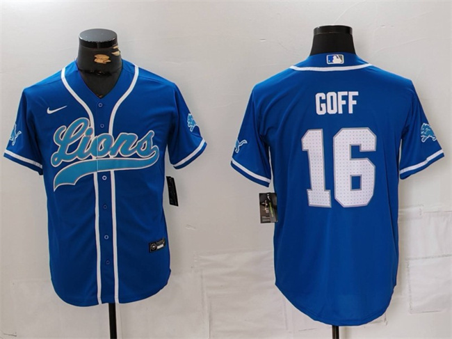 Personalized Men’s Detroit Lions #16 Jared Goff Blue Cool Base Stitched Baseball Jersey