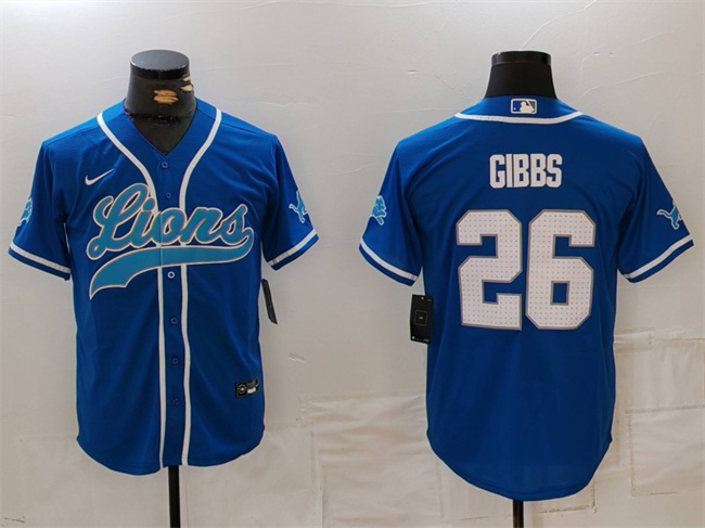 Personalized Men’s Detroit Lions #26 Jahmyr Gibbs Blue Cool Base Stitched Baseball Jersey