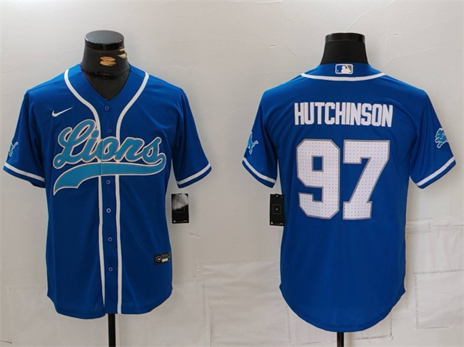 Personalized Men’s Detroit Lions #97 Aidan Hutchinson Blue Cool Base Stitched Baseball Jersey