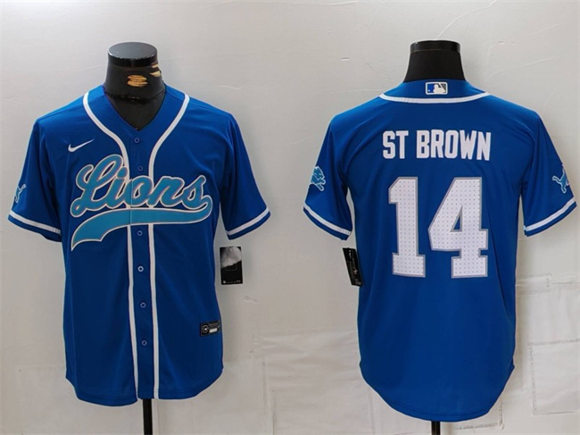 Personalized Men’s Detroit Lions #14 Amon-Ra St. Brown Blue Cool Base Stitched Baseball Jersey