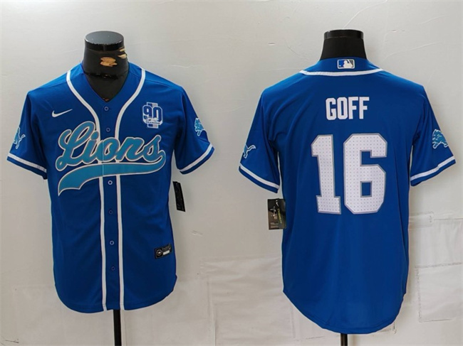 Personalized Men’s Detroit Lions #16 Jared Goff Blue With 90th Anniversary Patch Cool Base Stitched Baseball Jersey
