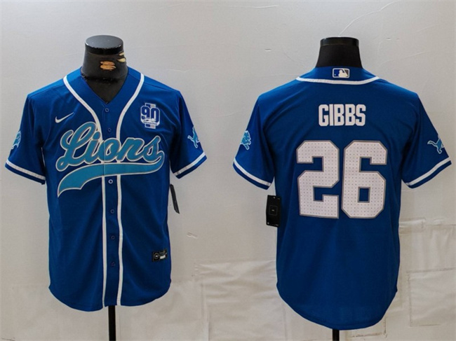Personalized Men’s Detroit Lions #26 Jahmyr Gibbs Blue With 90th Anniversary Patch Cool Base Stitched Baseball Jersey