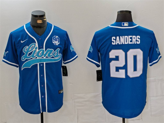 Personalized Men’s Detroit Lions #20 Barry Sanders Blue With 90th Anniversary Patch Cool Base Stitched Baseball Jersey