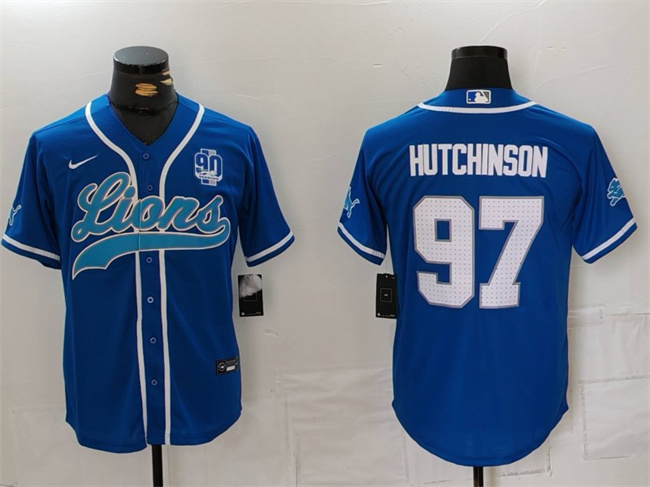 Personalized Men’s Detroit Lions #97 Aidan Hutchinson Blue With 90th Anniversary Patch Cool Base Stitched Baseball Jersey