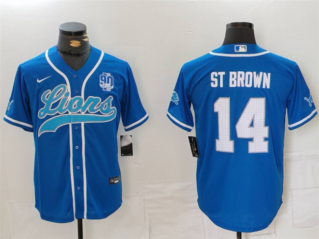 Personalized Men’s Detroit Lions #14 Amon-Ra St. Brown Blue With 90th Anniversary Patch Cool Base Stitched Baseball Jersey