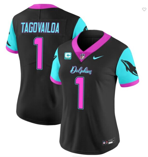 Personalized Women’s Miami Dolphins #1 Tua Tagovailoa Black F.U.S.E. With 2-Star C Patch ‘Miami Vice’ Limited Stitched Football Jersey(Run Small)