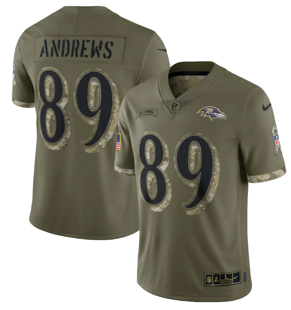 Personalized Men’s Baltimore Ravens #89 Mark Andrews Olive 2022 Salute To Service Limited Stitched Jersey