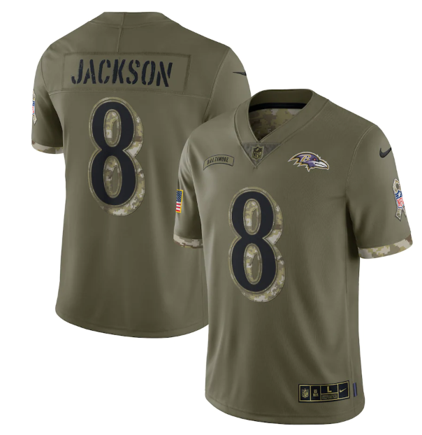 Personalized Men’s Baltimore Ravens #8 Lamar Jackson Olive 2022 Salute To Service Limited Stitched Jersey