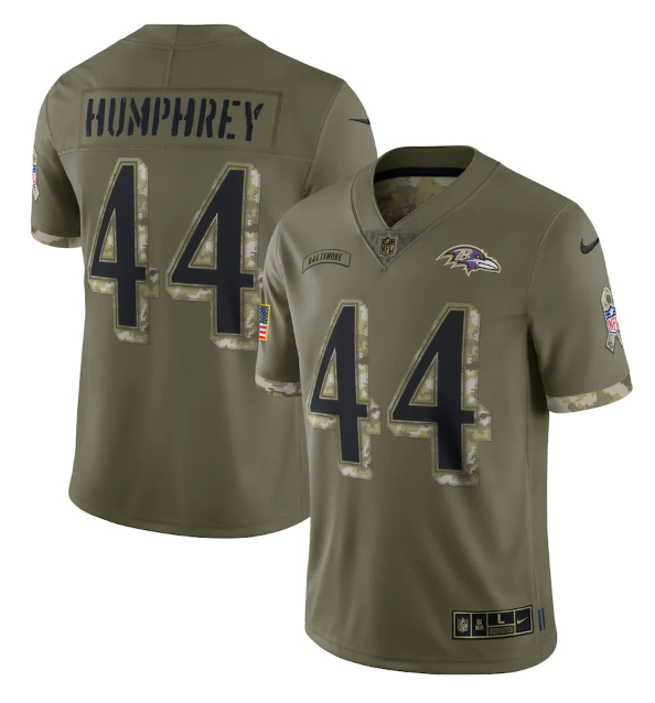 Personalized Men’s Baltimore Ravens #44 Marlon Humphrey Olive 2022 Salute To Service Limited Stitched Jersey