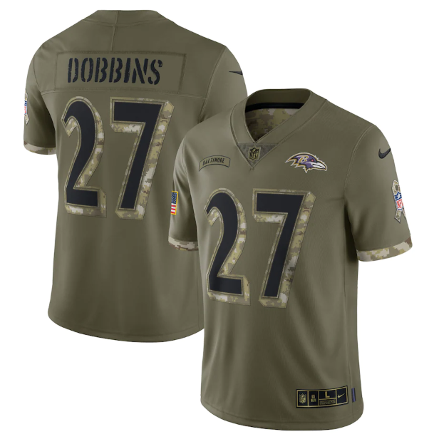 Personalized Men’s Baltimore Ravens #27 J.K. Dobbins Olive 2022 Salute To Service Limited Stitched Jersey