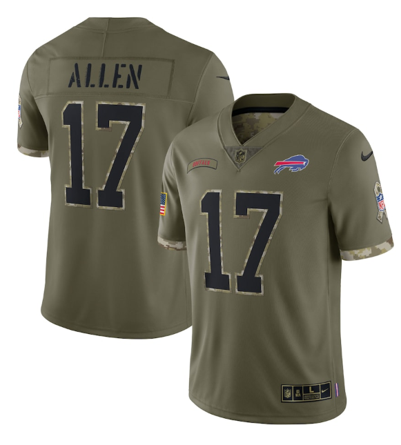 Personalized Men’s Buffalo Bills #17 Josh Allen Olive 2022 Salute To Service Limited Stitched Jersey