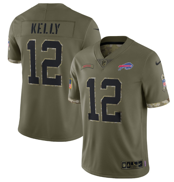 Personalized Men’s Buffalo Bills #12 Jim Kelly Olive 2022 Salute To Service Limited Stitched Jersey