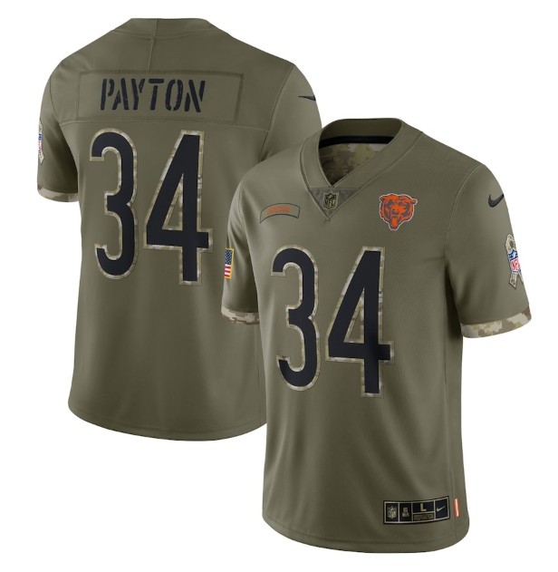 Personalized Men’s Chicago Bears #34 Walter Payton Olive 2022 Salute To Service Limited Stitched Jersey