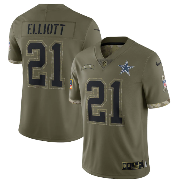 Personalized Men’s Dallas Cowboys #21 Ezekiel Elliott Olive 2022 Salute To Service Limited Stitched Jersey