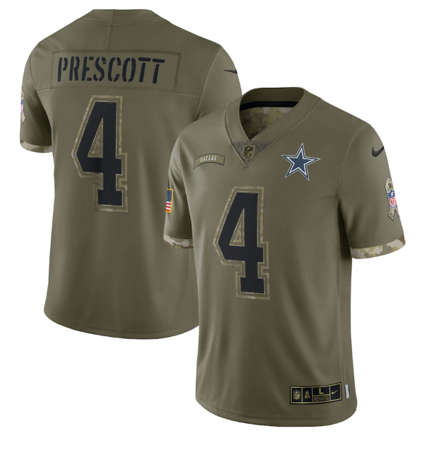 Personalized Men’s Dallas Cowboys #4 Dak Prescott Olive 2022 Salute To Service Limited Stitched Jersey