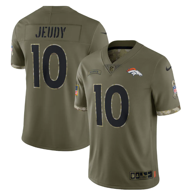 Personalized Men’s Denver Broncos #10 Jerry Jeudy Olive 2022 Salute To Service Limited Stitched Jersey