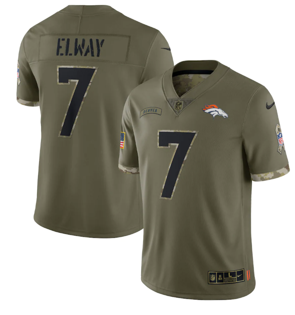 Personalized Men’s Denver Broncos #7 John Elway Olive 2022 Salute To Service Limited Stitched Jersey