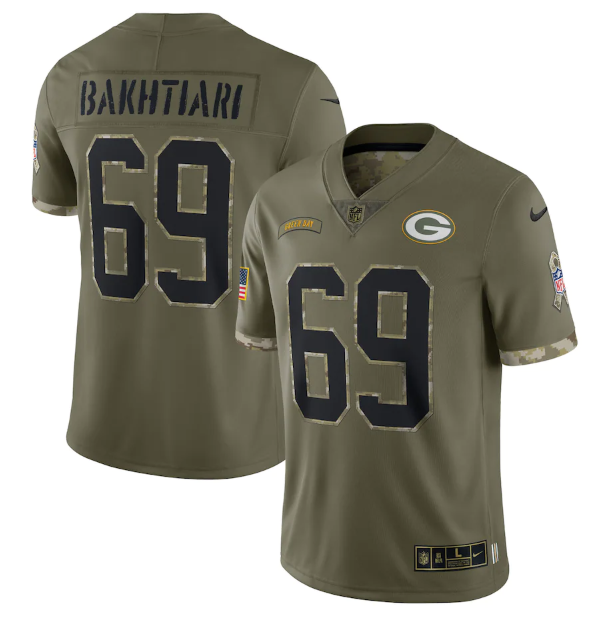 Personalized Men’s Green Bay Packers #69 David Bakhtiari Olive 2022 Salute To Service Limited Stitched Jersey