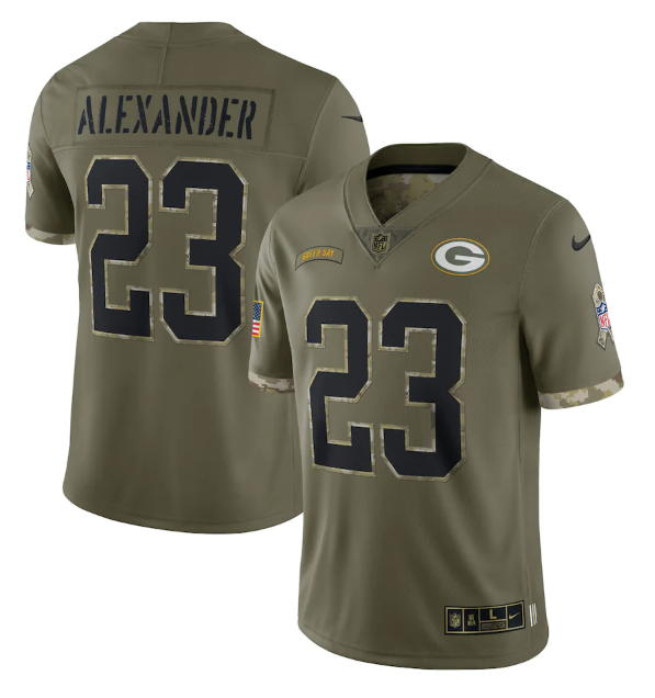 Personalized Men’s Green Bay Packers #23 Jaire Alexander Olive 2022 Salute To Service Limited Stitched Jersey