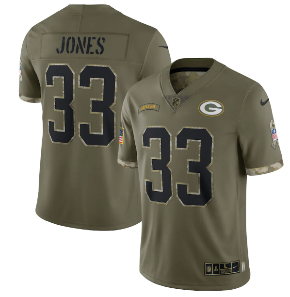 Personalized Men’s Green Bay Packers #33 Aaron Jones Olive 2022 Salute To Service Limited Stitched Jersey