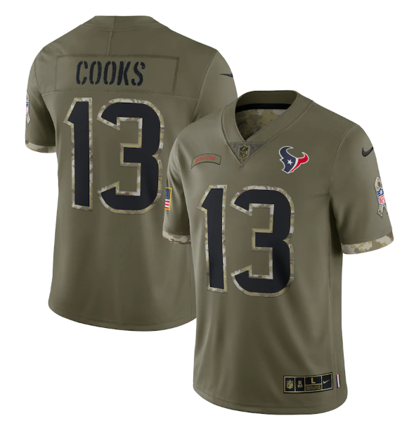 Personalized Men’s Houston Texans #13 Brandin Cooks Olive 2022 Salute To Service Limited Stitched Jersey