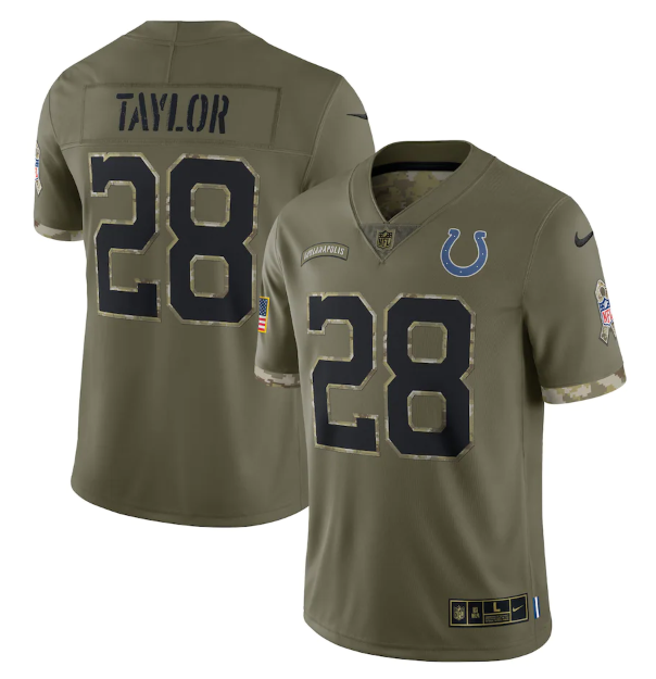 Personalized Men’s Indianapolis Colts #28 Jonathan Taylor Olive 2022 Salute To Service Limited Stitched Jersey
