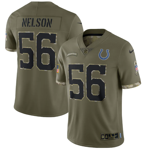 Personalized Men’s Indianapolis Colts #56 Quenton Nelson Olive 2022 Salute To Service Limited Stitched Jersey