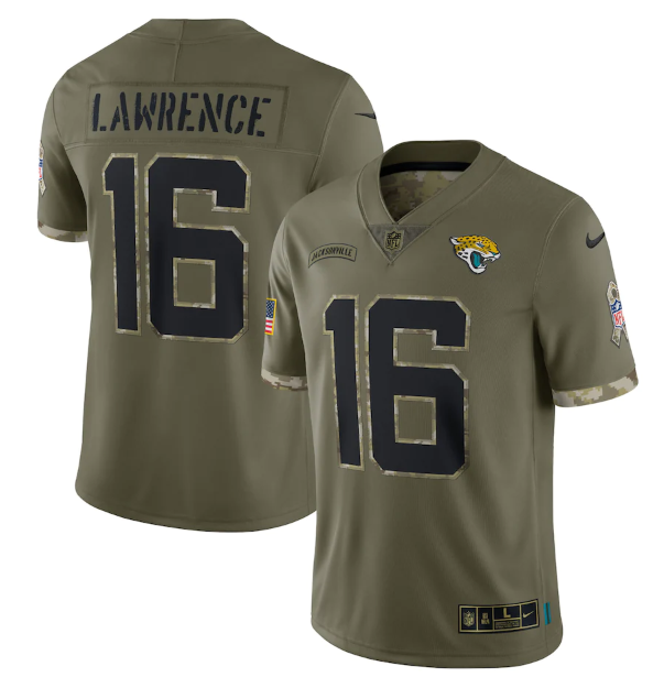 Personalized Men’s Jacksonville Jaguars #16 Trevor Lawrence Olive 2022 Salute To Service Limited Stitched Jersey