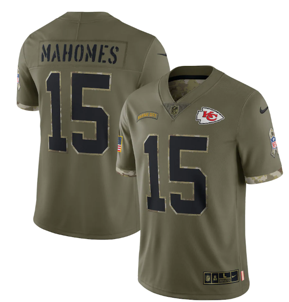 Personalized Men’s Kansas City Chiefs #15 Patrick Mahomes Olive 2022 Salute To Service Limited Stitched Jersey