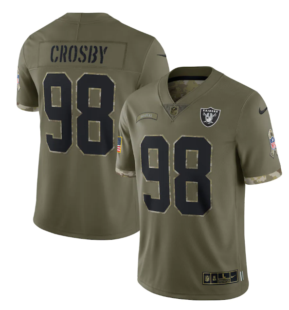 Personalized Men’s Las Vegas Raiders #98 Maxx Crosby Olive 2022 Salute To Service Limited Stitched Jersey