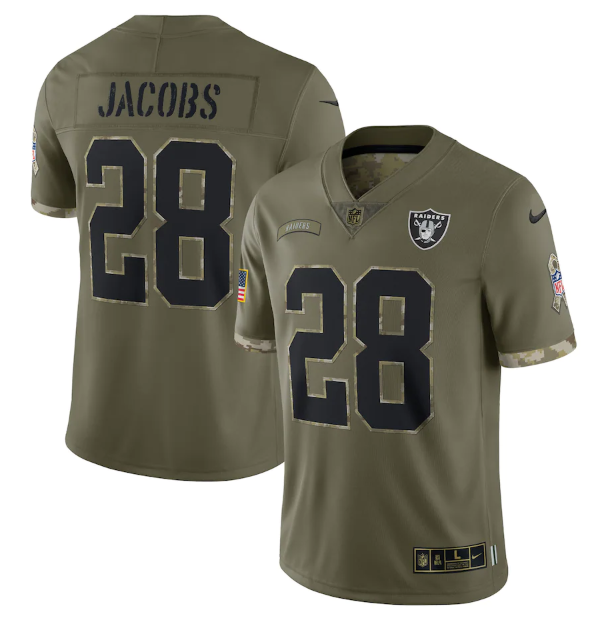 Personalized Men’s Las Vegas Raiders #28 Josh Jacobs Olive 2022 Salute To Service Limited Stitched Jersey