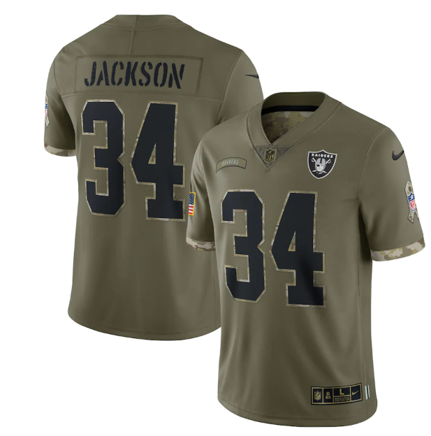 Personalized Men’s Las Vegas Raiders #34 Bo Jackson Olive 2022 Salute To Service Limited Stitched Jersey