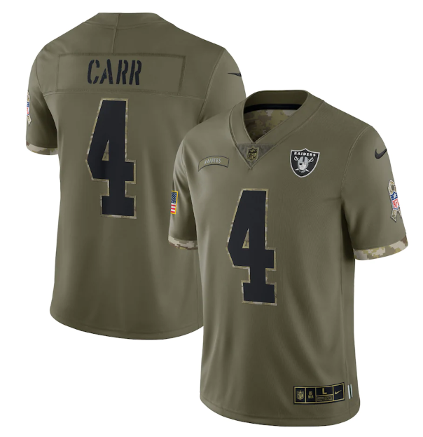 Personalized Men’s Las Vegas Raiders #4 Derek Carr Olive 2022 Salute To Service Limited Stitched Jersey