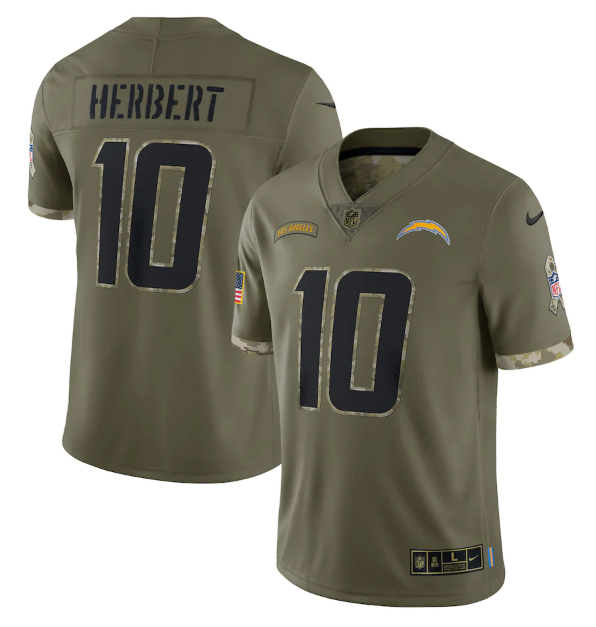 Personalized Men’s Los Angeles Chargers #10 Justin Herbert Olive 2022 Salute To Service Limited Stitched Jersey